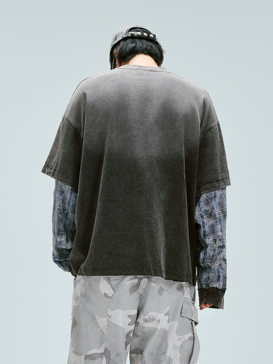 F2CE Washed Racing Patchwork Crackle Printed Long Sleeve Tee