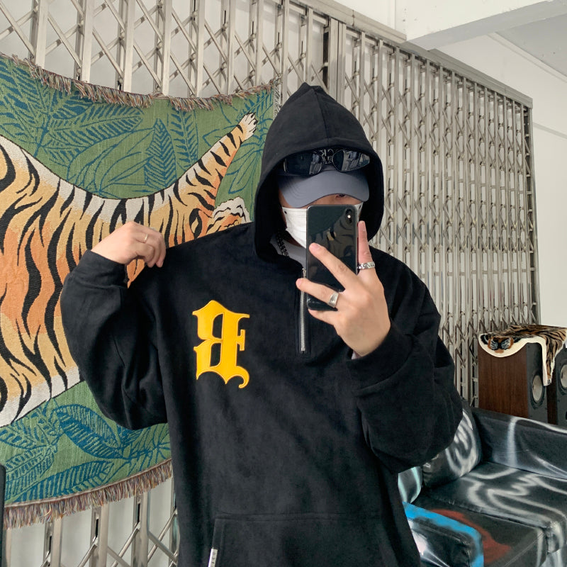 F3F Select B Logo Embroidered Suede Half Zip Hoodie