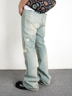 EVILKNIGHT(EK) Basic Washed Splash Ink Flared Denim Pants