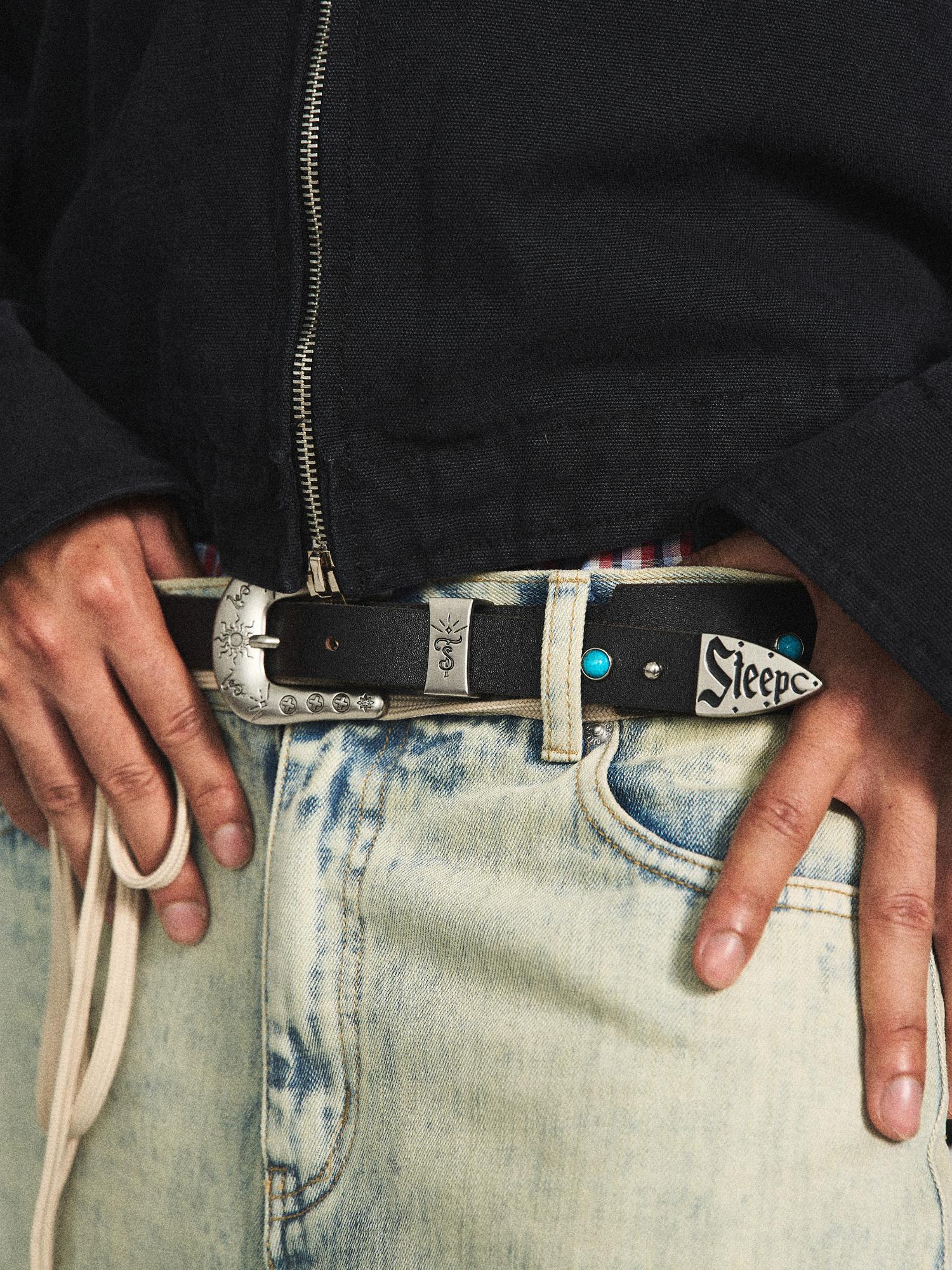 STEEPC Turquoise Studded Tanned Leather Belt