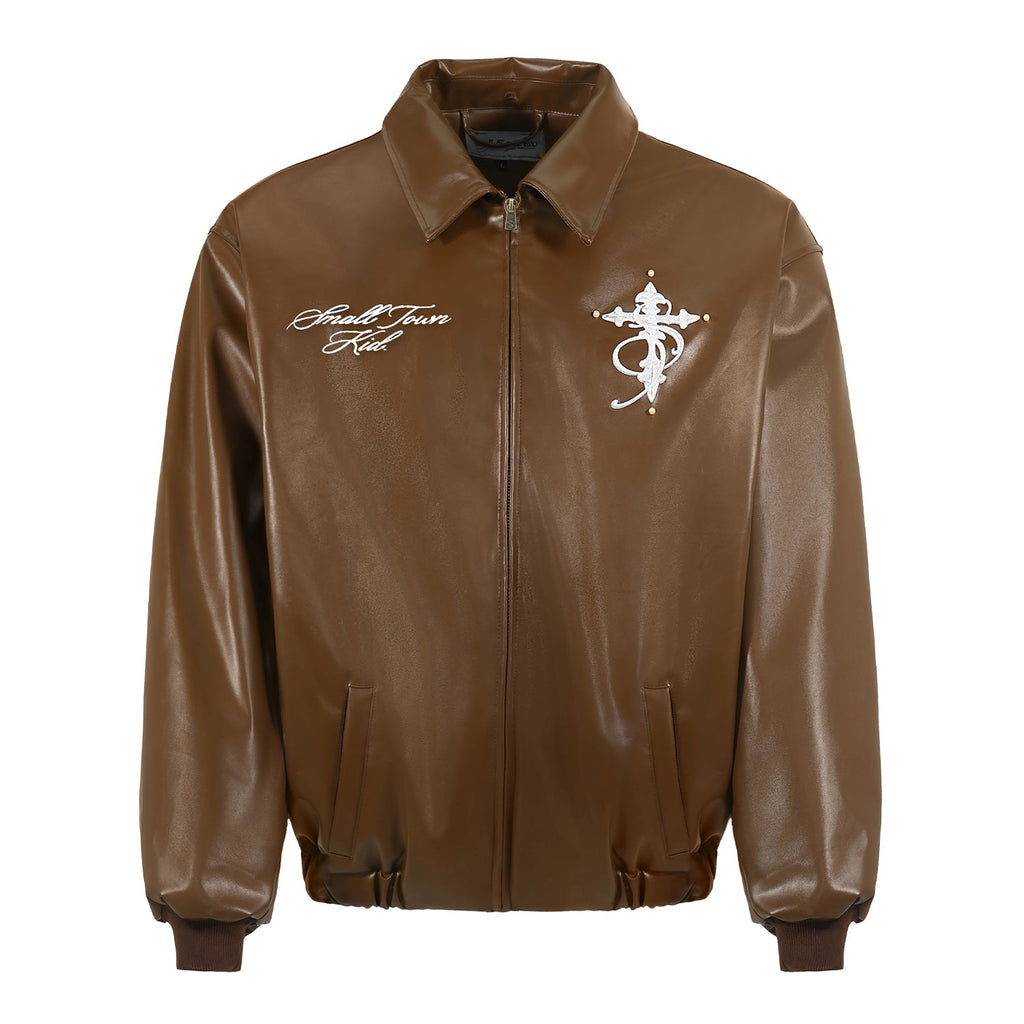 Small Town Kid Pearl Cross Logo PU Leather Racing Jacket