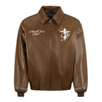 Small Town Kid Pearl Cross Logo PU Leather Racing Jacket