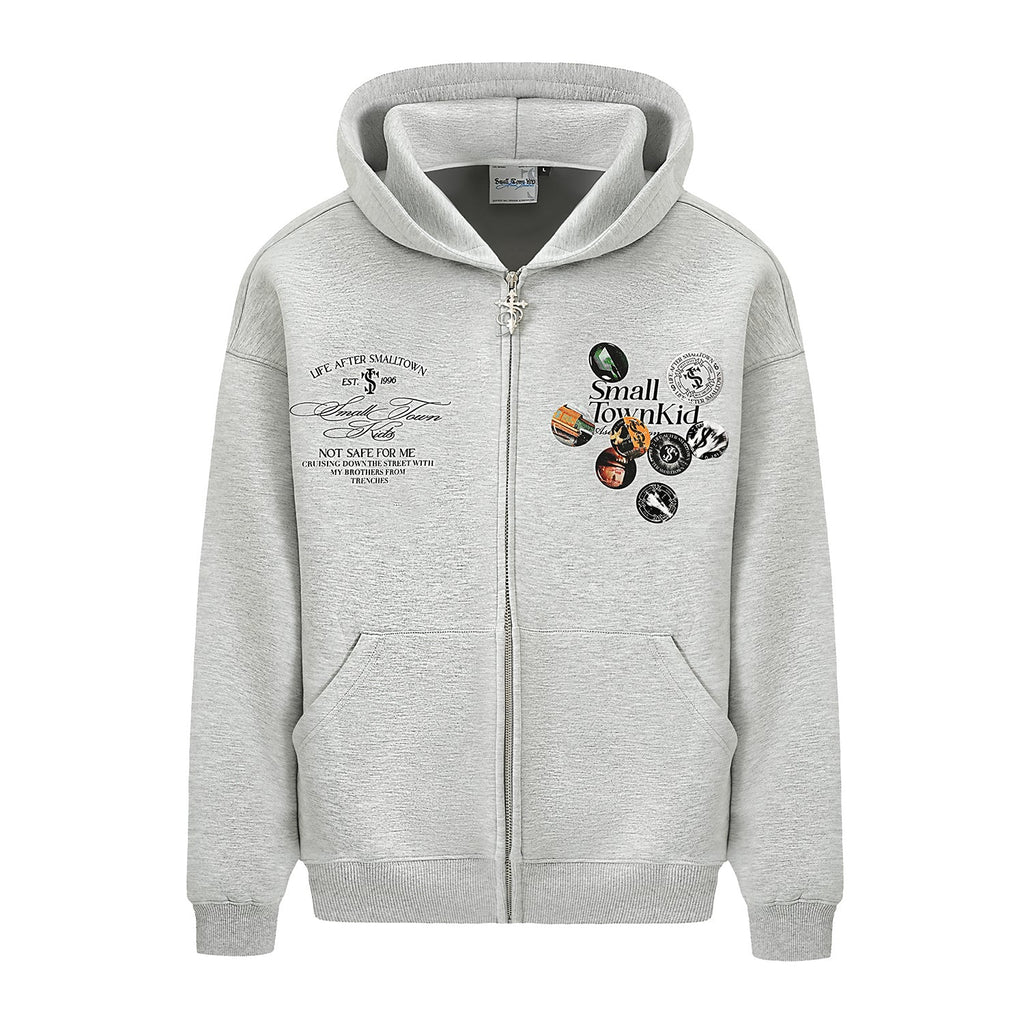 Small Town Kid Badge Logo Print Zip Up Hoodie