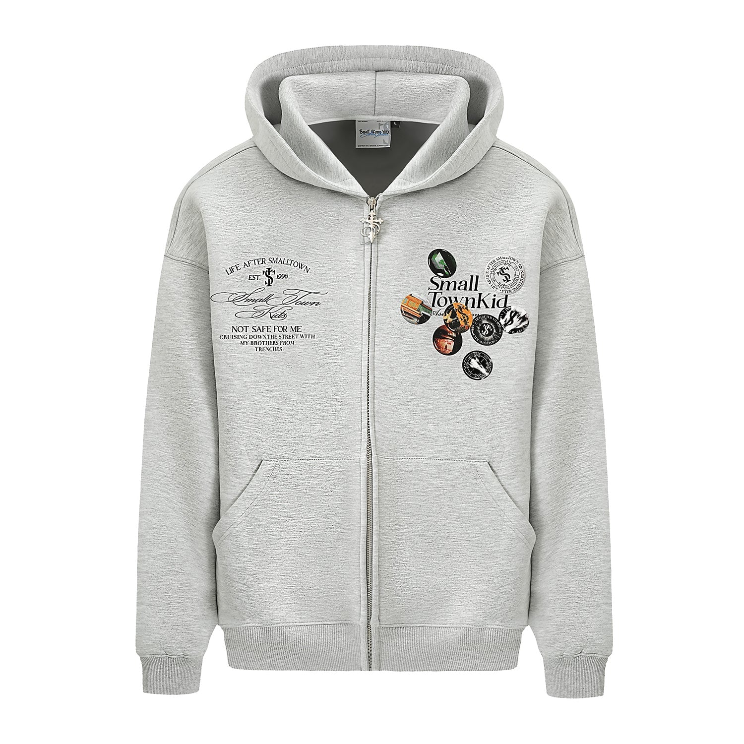 Small Town Kid Badge Logo Print Zip Up Hoodie
