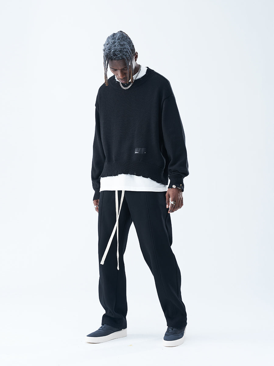 Harsh and Cruel Patch Label Distressed Knit Sweater