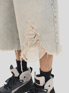 UNDERWATER Washed Damaged Light Blue Denim Shorts | Baggy Jorts