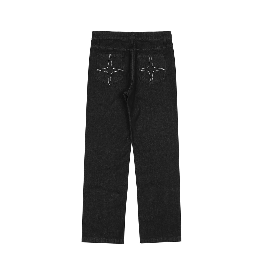 Cashrules Embroidered Loose Black Denim Pants