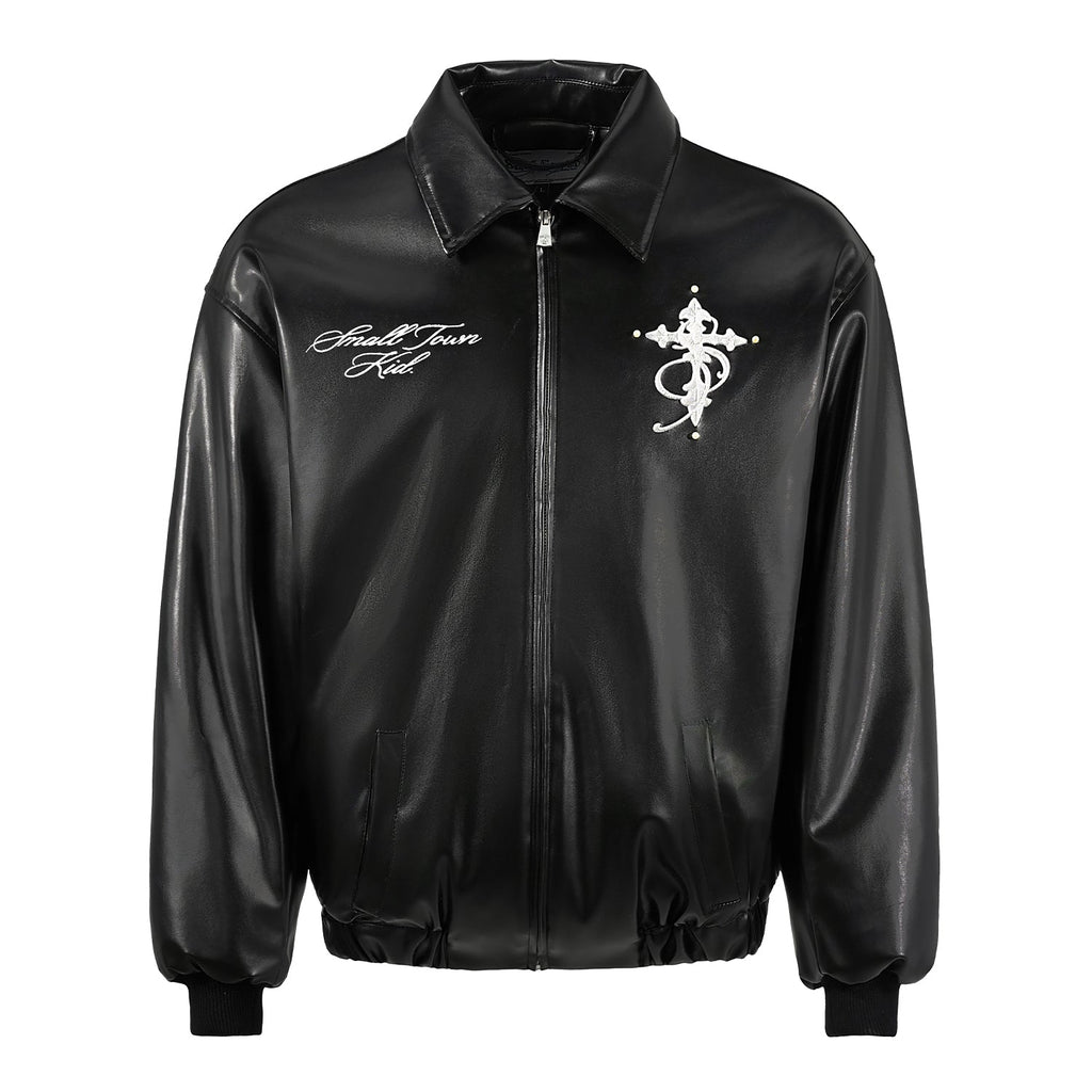 Small Town Kid Pearl Cross Logo PU Leather Racing Jacket