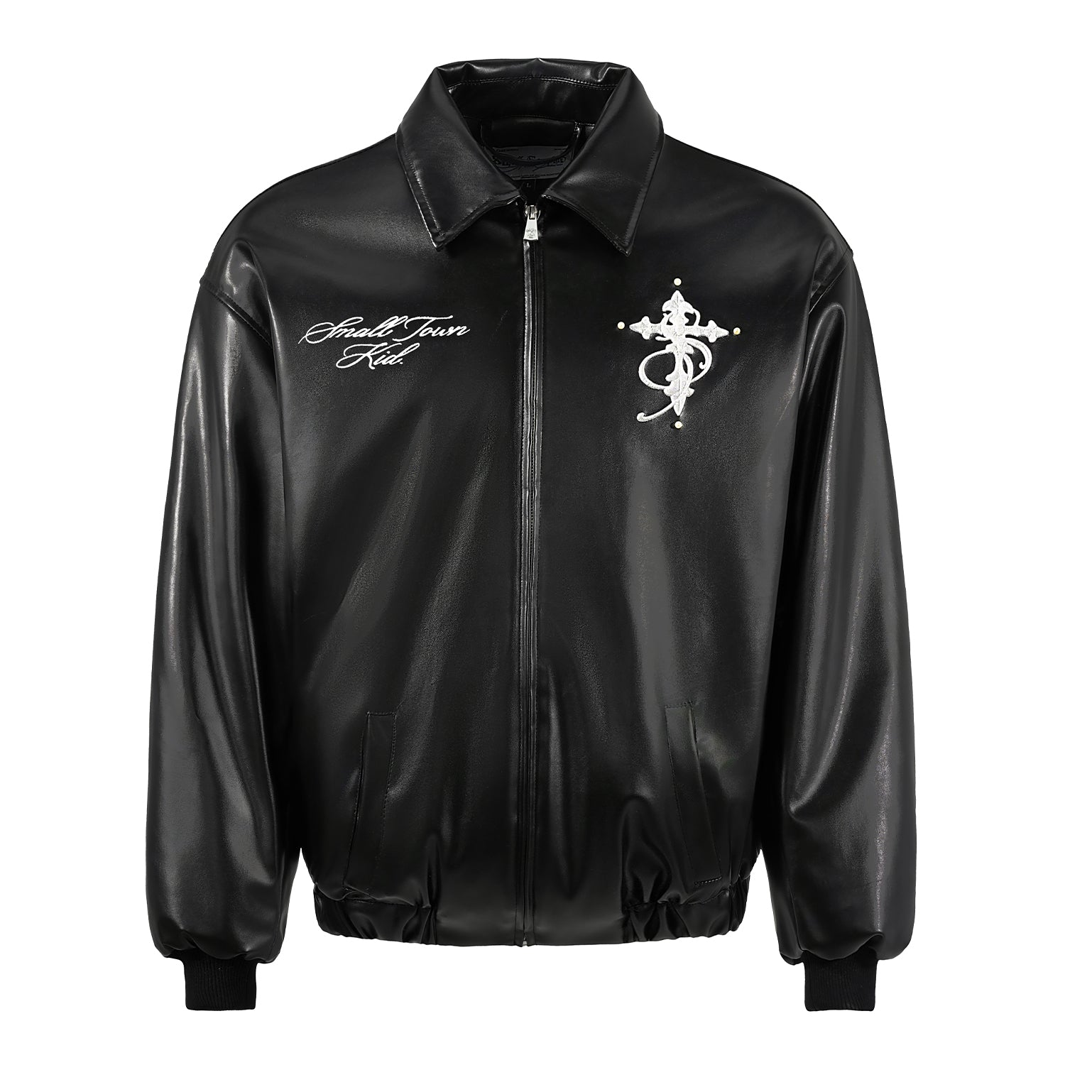 Small Town Kid Pearl Cross Logo PU Leather Racing Jacket