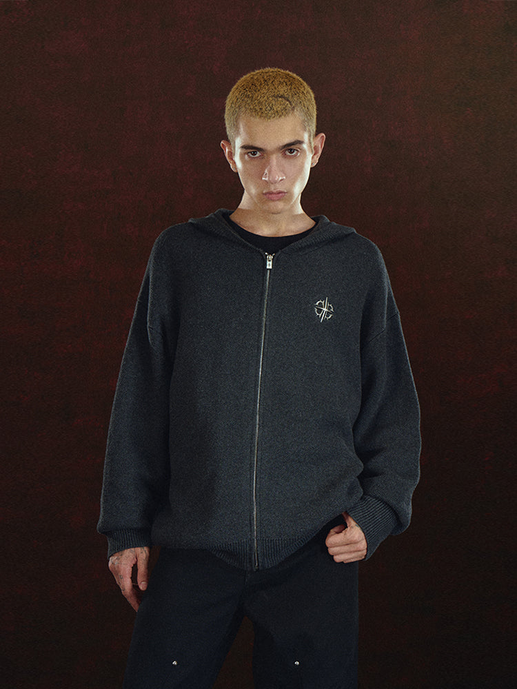DICETINY Metal Logo Zip Up Knit Hoodie