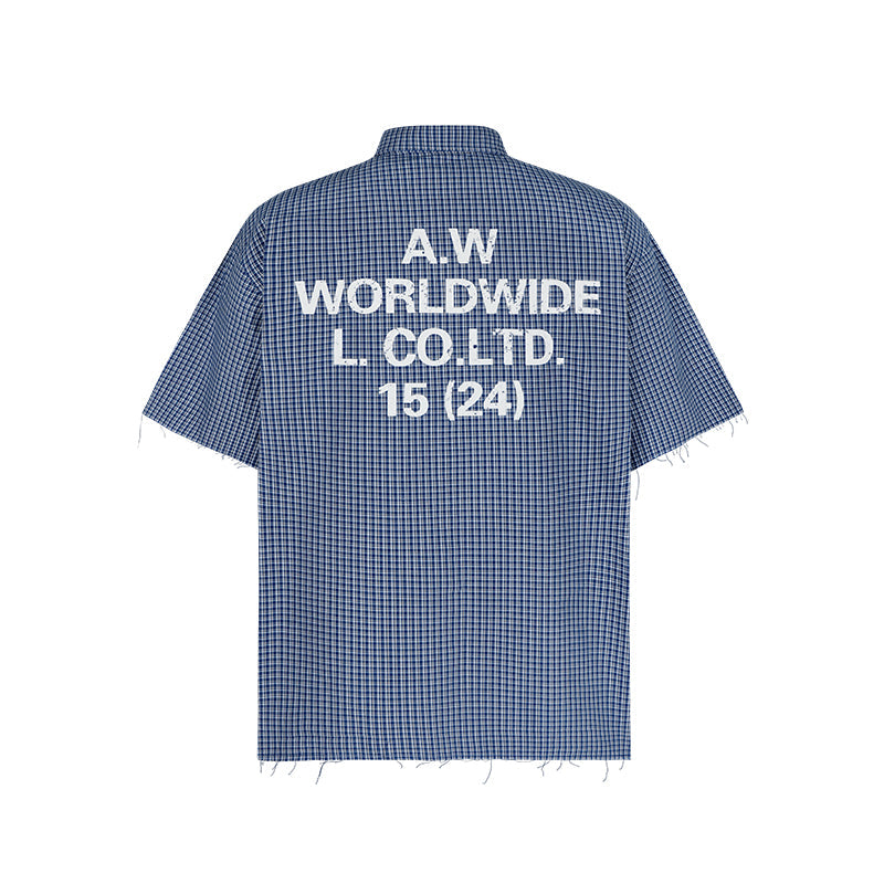 ANTIDOTE Plaid Lettering Print Short Sleeved Shirt