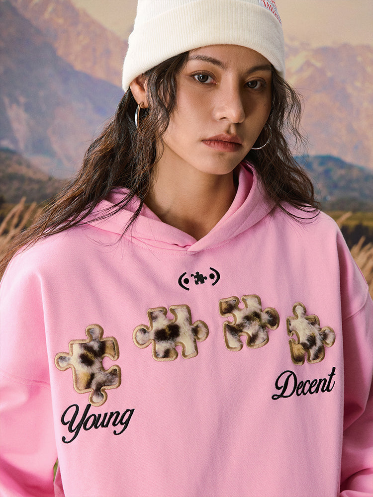 YADcrew Leopard Patch Embroidery Jigsaw Puzzle Hoodie