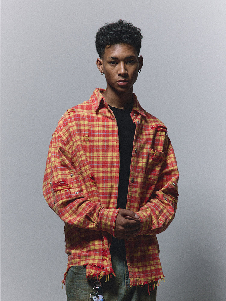 ANTIDOTE Destroyed Studded Plaid Long Sleeve Shirt