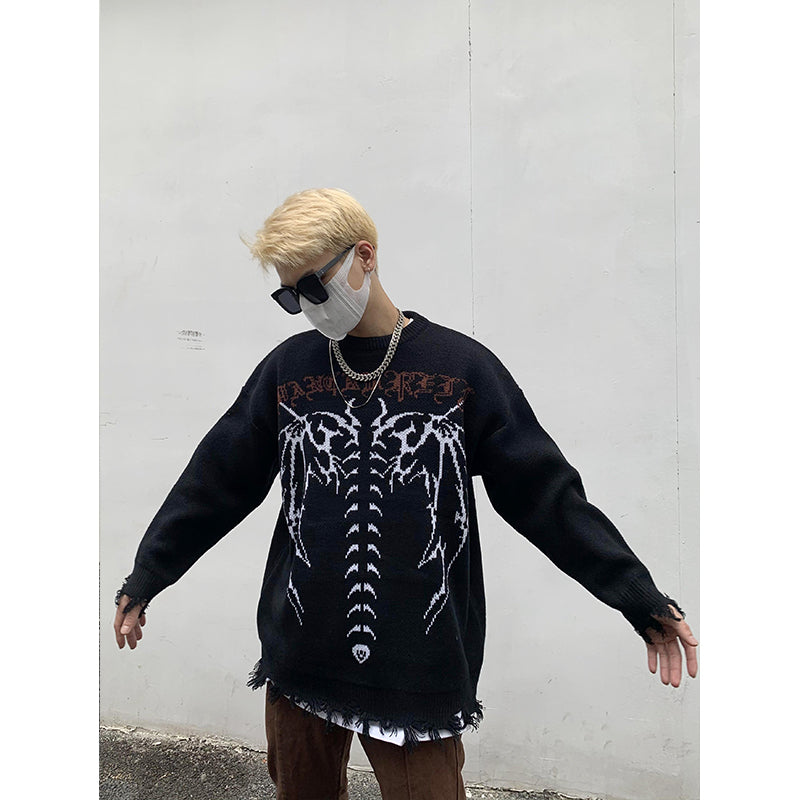 Skeleton Letters Frayed Distressed Knit Sweater