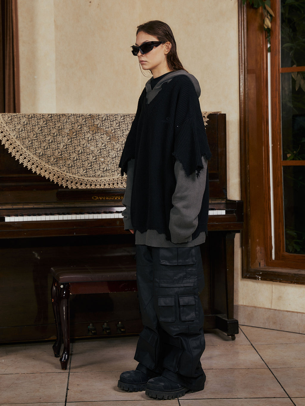 STEEPC 2 Color Splicing Broken Hooded Knit Sweater