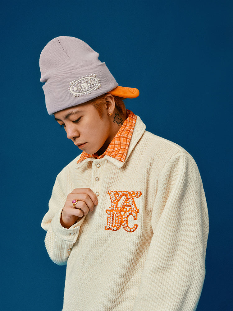 YADcrew Pearl Logo Double Collar Polo Knit Sweater