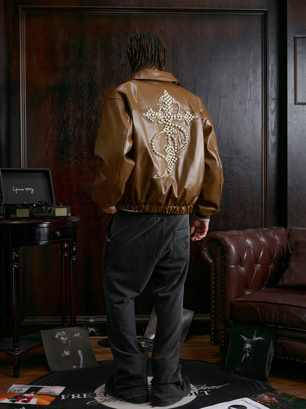 Small Town Kid Pearl Cross Logo PU Leather Racing Jacket