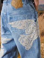 YADcrew Lace Peace Dove Patch Embroidery Print Jeans