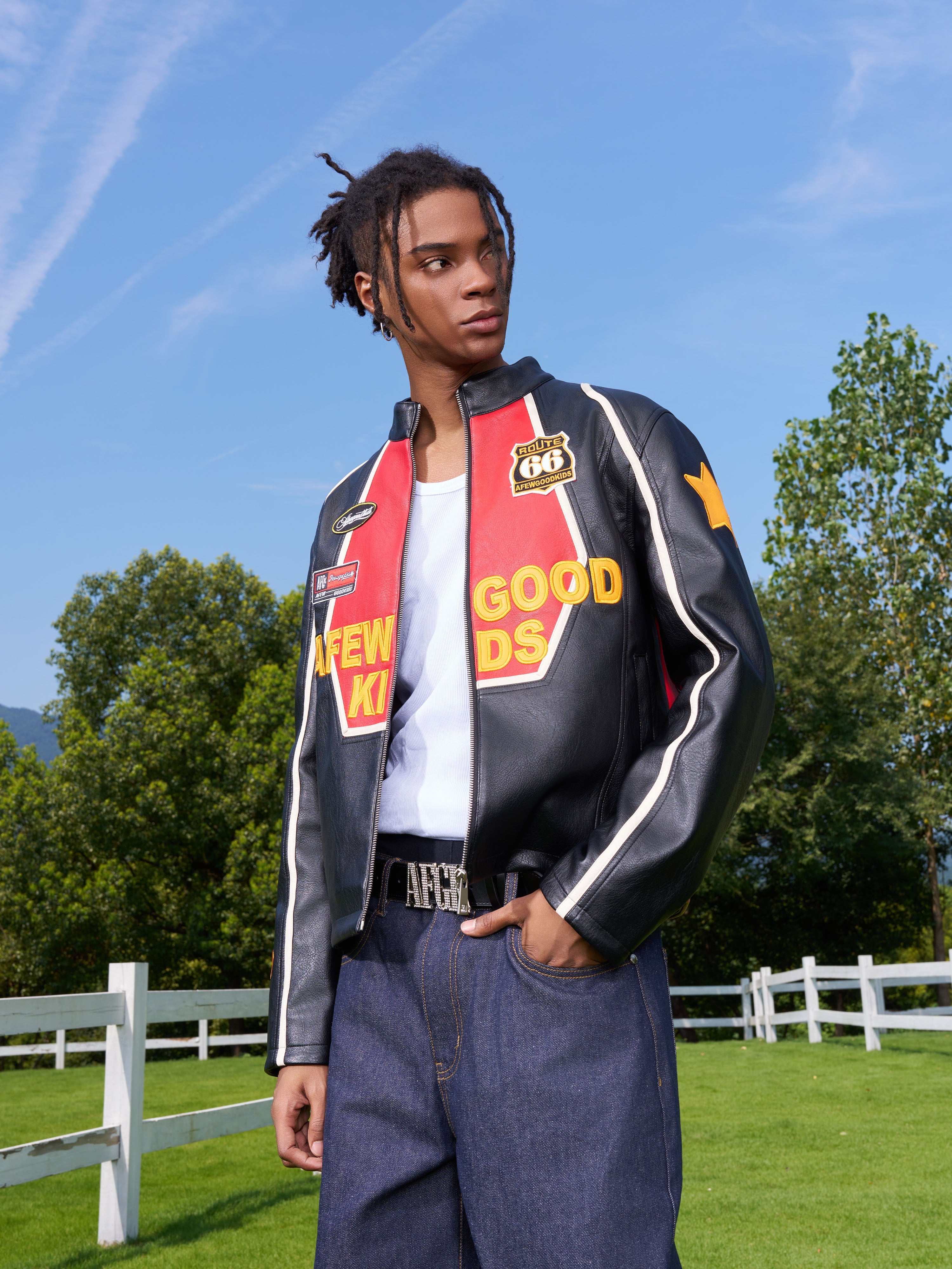 AFGK Badge Stitching Leather Racing Jacket