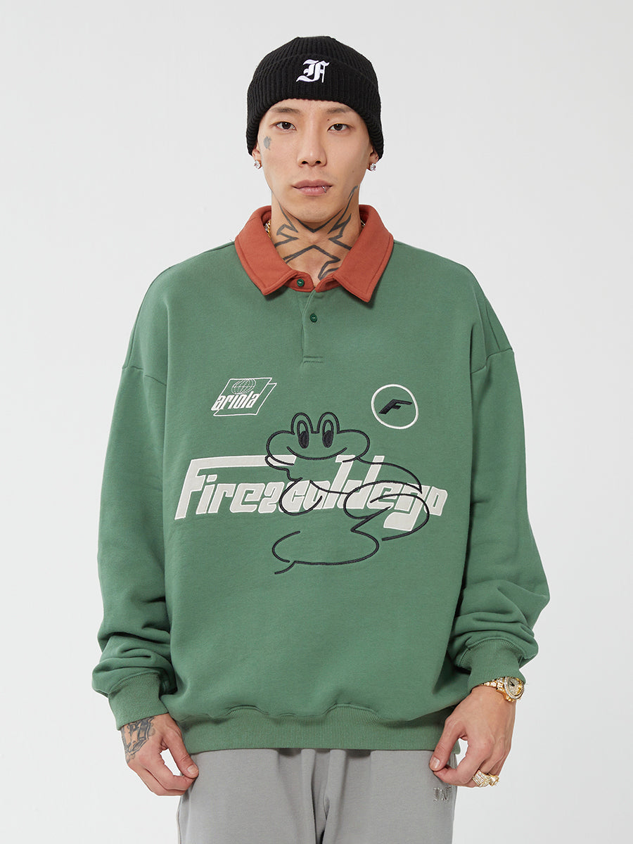 F2CE Fire 2 Cold Ego LOGO Vintage Print Polo Sweatshirts