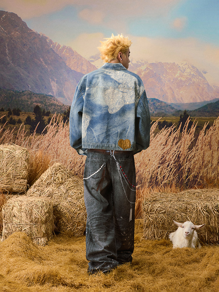 YADcrew Lace Peace Dove Faux Distressed Washed Print Denim Jacket