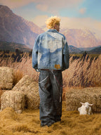 YADcrew Lace Peace Dove Faux Distressed Washed Print Denim Jacket