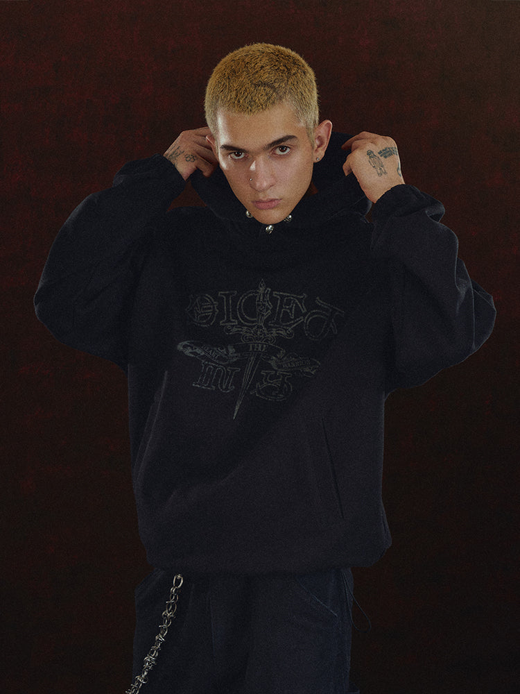 DICETINY Metal Studs Button Sword Printed Hoodie