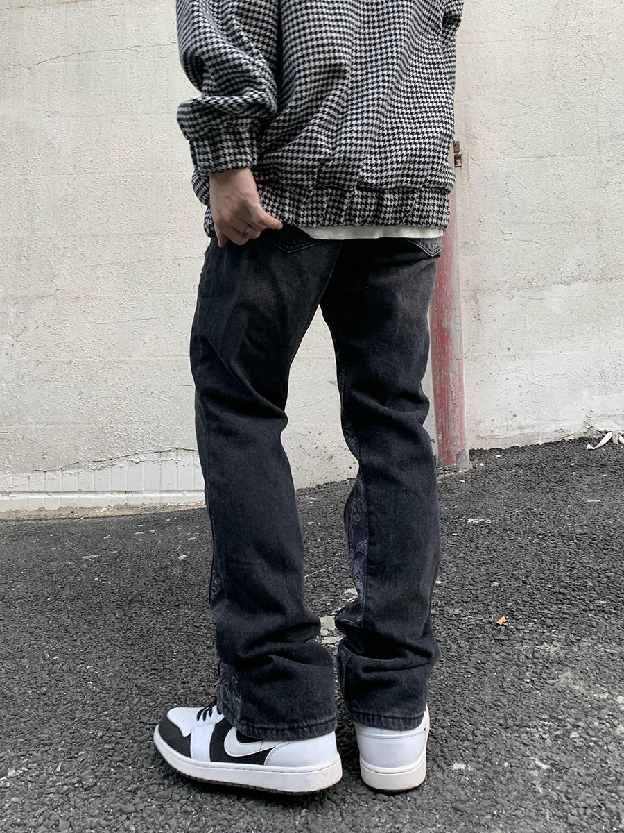 Cashew Flower Stitching Washed Flared Denim Jeans