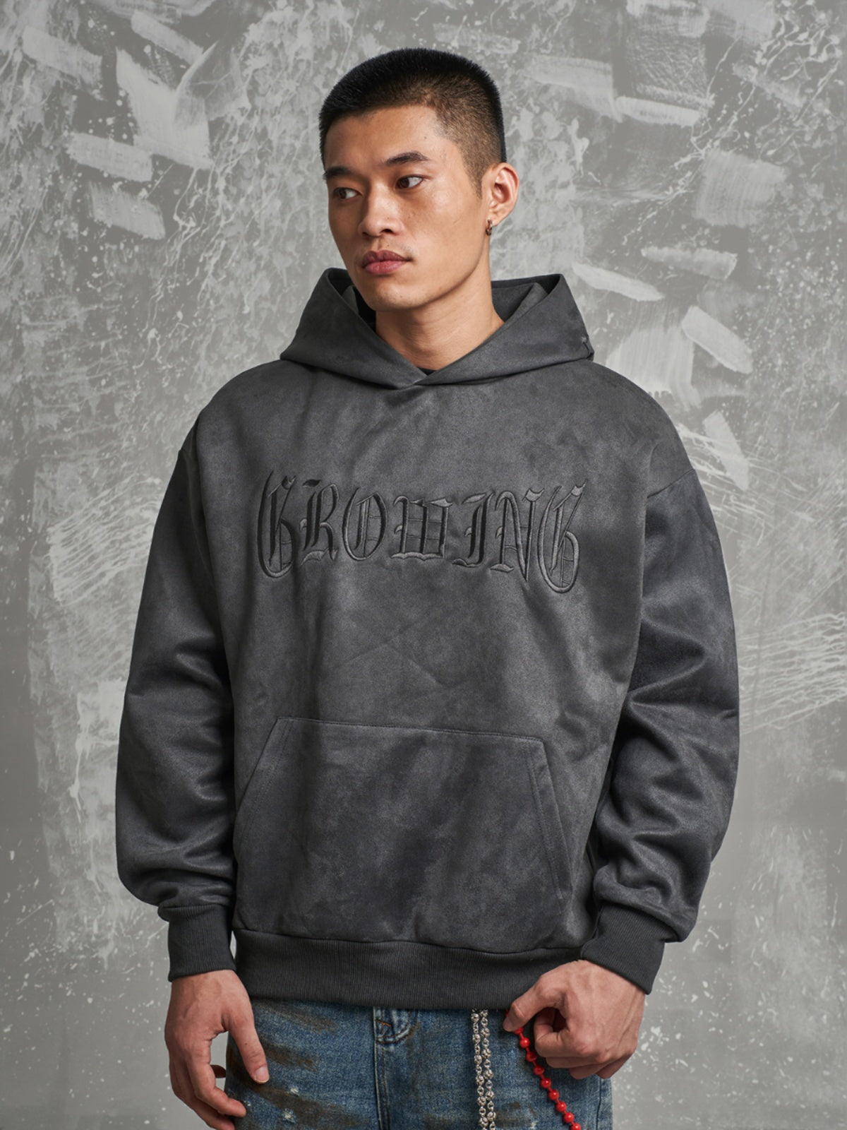 F3F Select Gothic Letters Embroidered Suede Hoodie