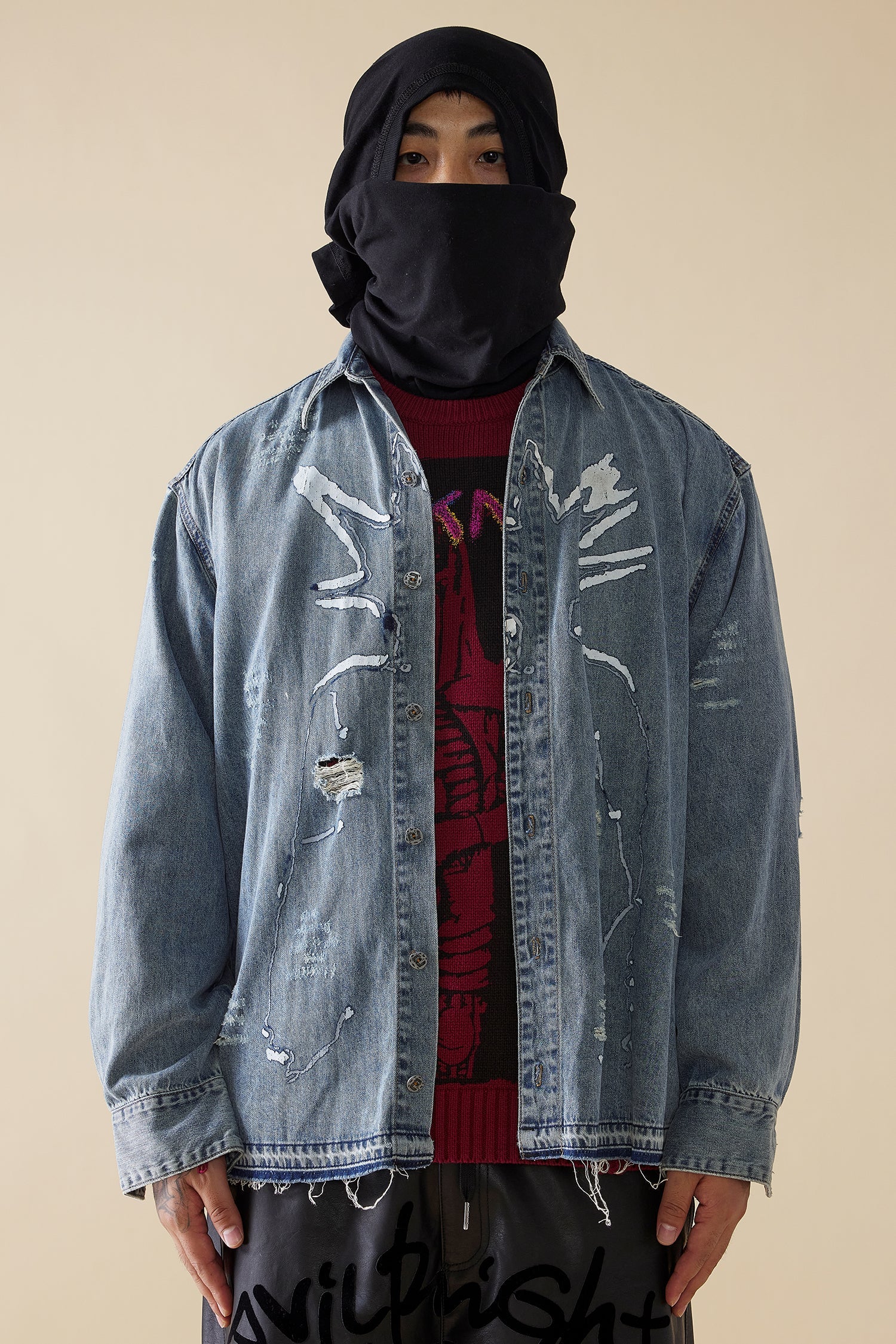 EVILKNIGHT(EK) Head Print Washed Denim Long Sleeved Shirt