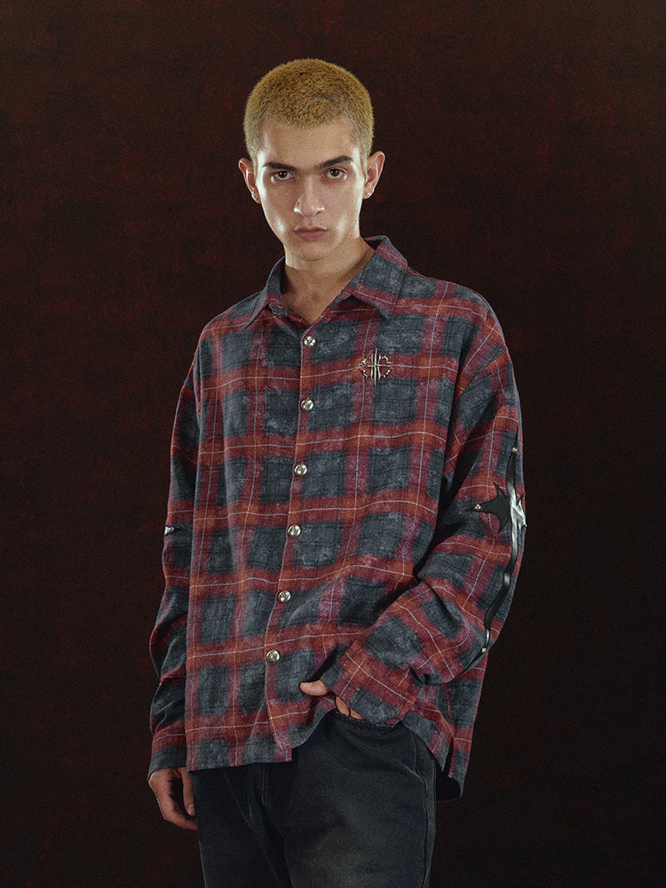 DICETINY Embroidered Leather Metal Logo Button Plaid Long Sleeved Shirt
