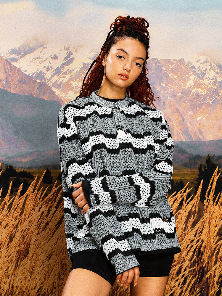 YADcrew Geometric Stripe Henley Neck Long Sleeve Knit Sweater