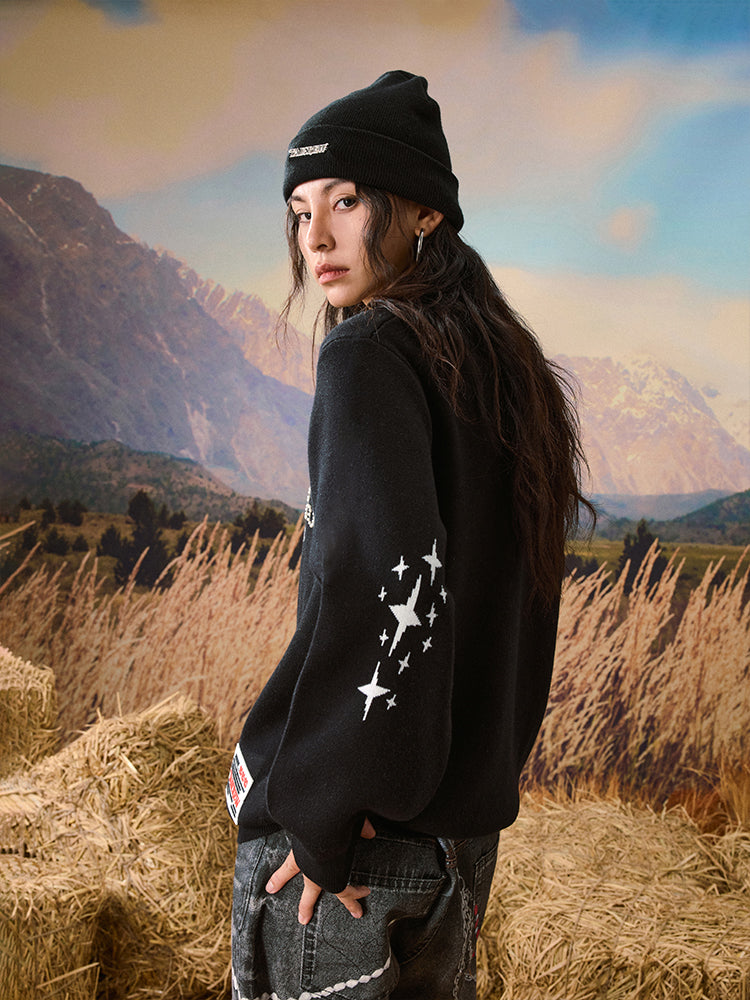 YADcrew Puzzle Pearl Jacquard Slogan Knit Sweater