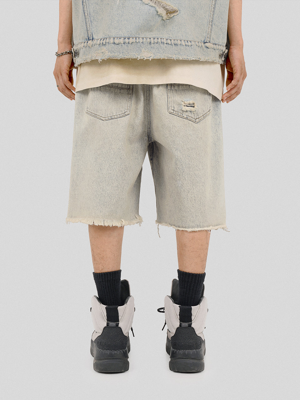 UNDERWATER Washed Damaged Light Blue Denim Shorts | Baggy Jorts