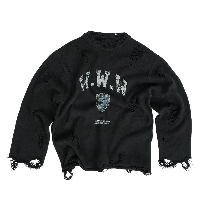 ANTIDOTE Hole Breaking Badge Printed Knit Sweater