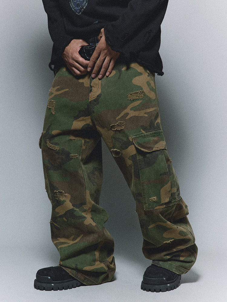 ANTIDOTE Camouflage Washed Hole Baggy Cargo Pants