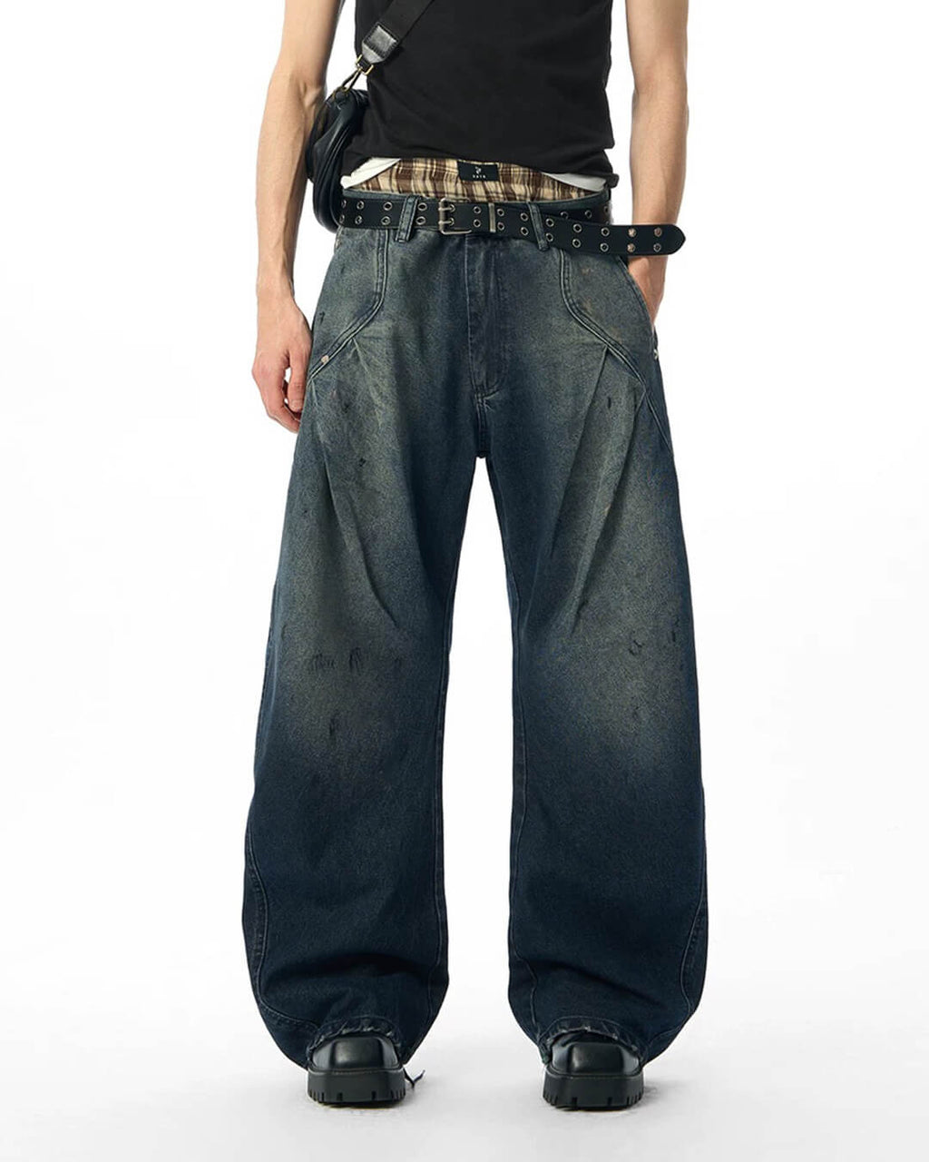 JHYQ 3D Pleated Distressed Washed Baggy Jeans