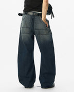 JHYQ 3D Pleated Distressed Washed Baggy Jeans