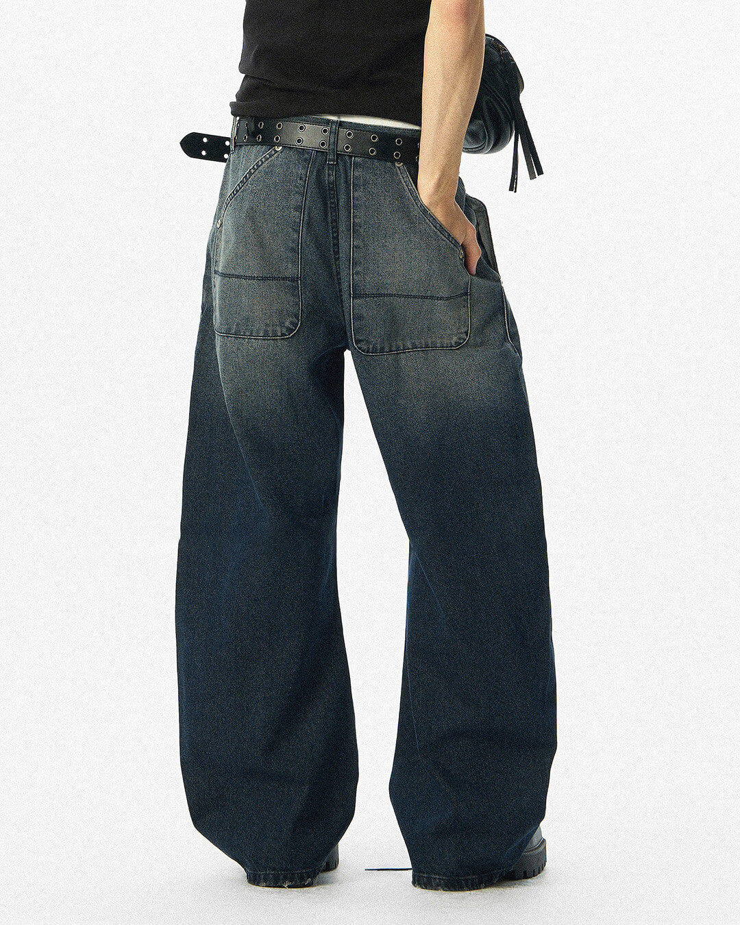 JHYQ 3D Pleated Distressed Washed Baggy Jeans