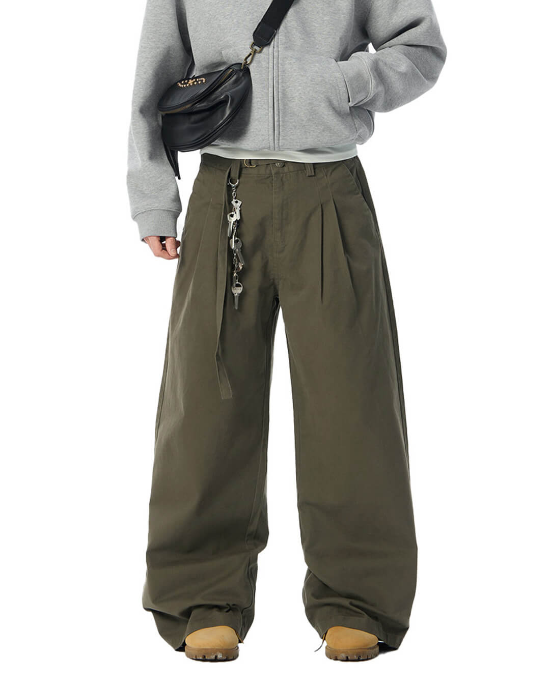 JHYQ Belted Waist Pleated Baggy Pants