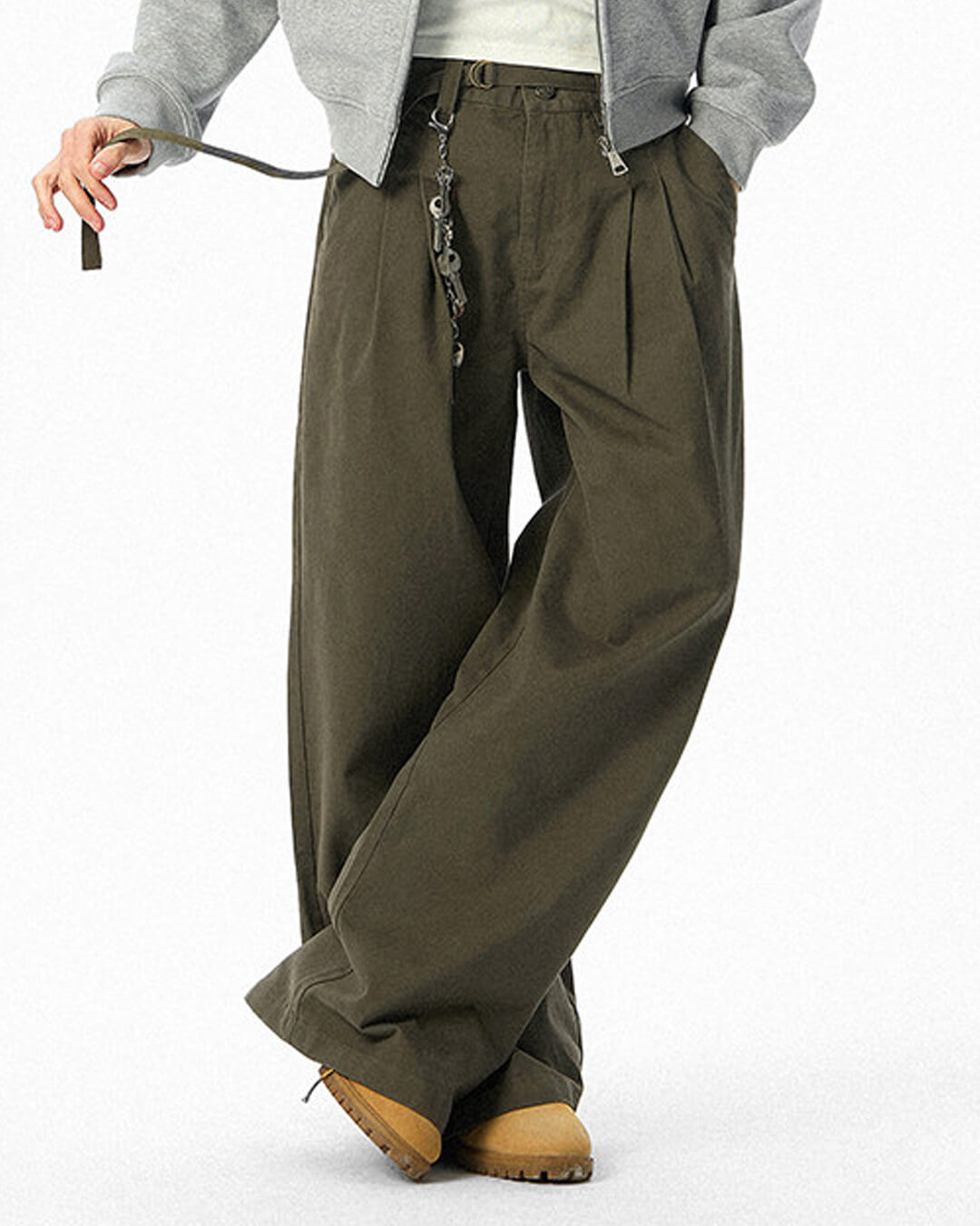 JHYQ Belted Waist Pleated Baggy Pants