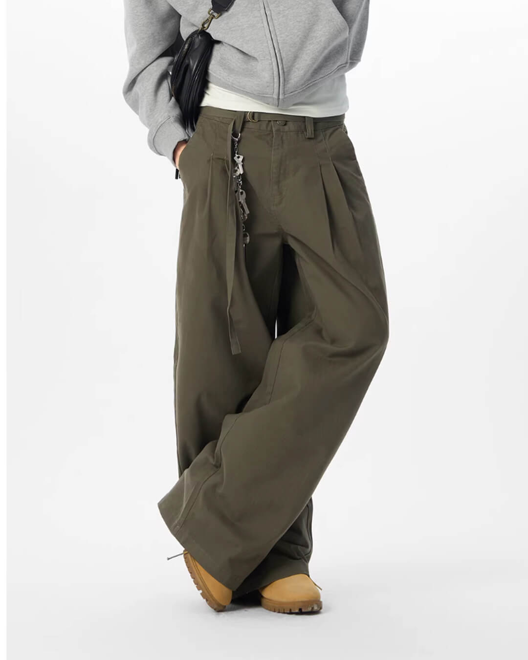 JHYQ Belted Waist Pleated Baggy Pants