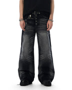 JHYQ Black Multi Button Whiskered Washed Loose Fit Jeans