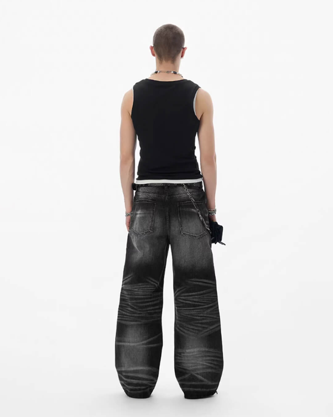 JHYQ Black Multi Button Whiskered Washed Loose Fit Jeans