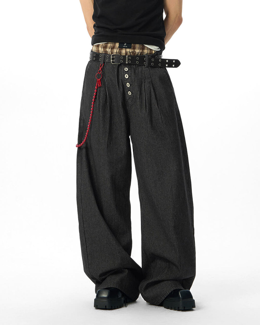 JHYQ Black Pinstripe Button Detail Wide Leg Suit Pants
