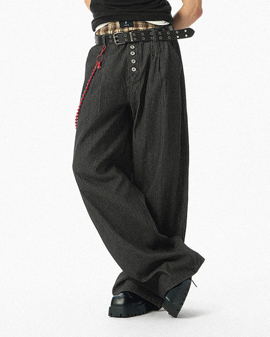 JHYQ Black Pinstripe Button Detail Wide Leg Suit Pants