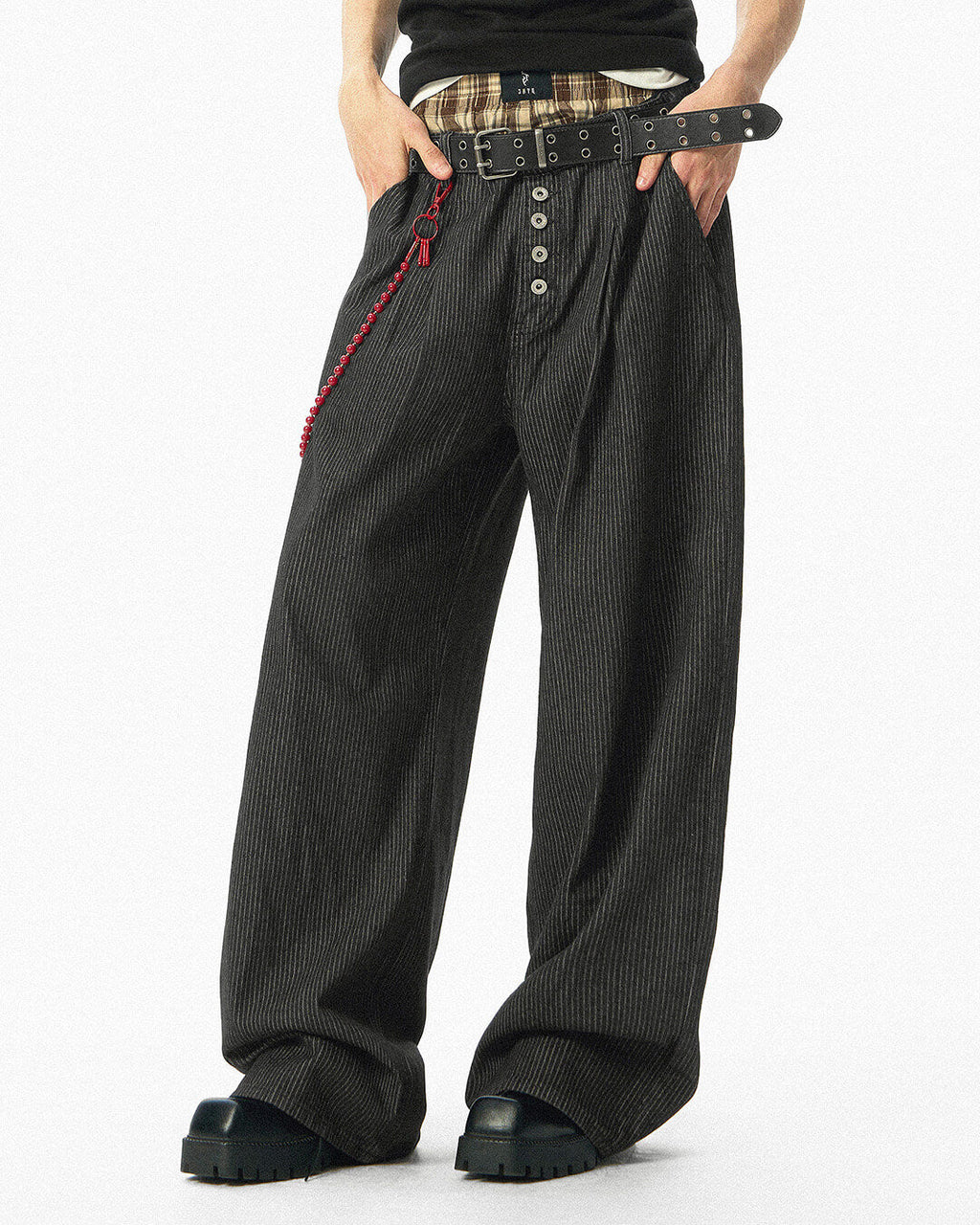 JHYQ Black Pinstripe Button Detail Wide Leg Suit Pants