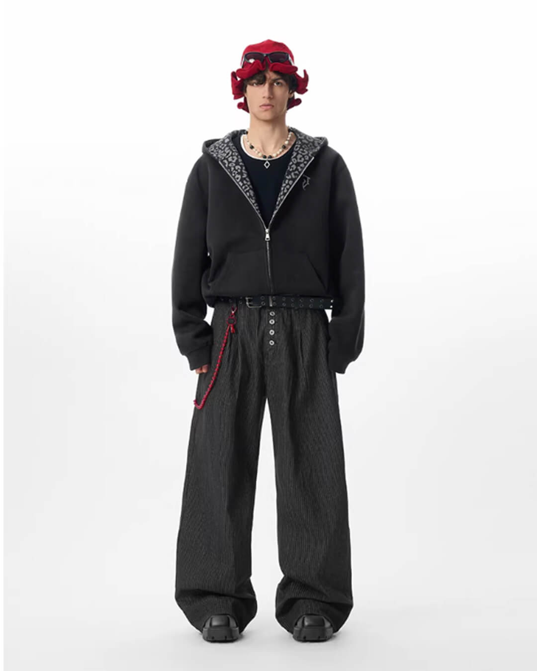 JHYQ Black Pinstripe Button Detail Wide Leg Suit Pants