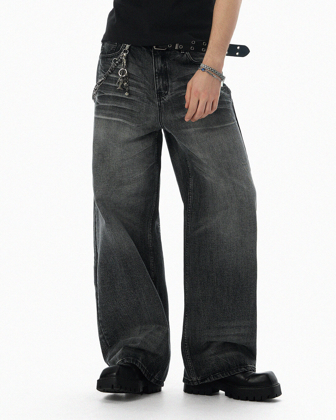 JHYQ Black Vintage Wash Wide Leg Jeans