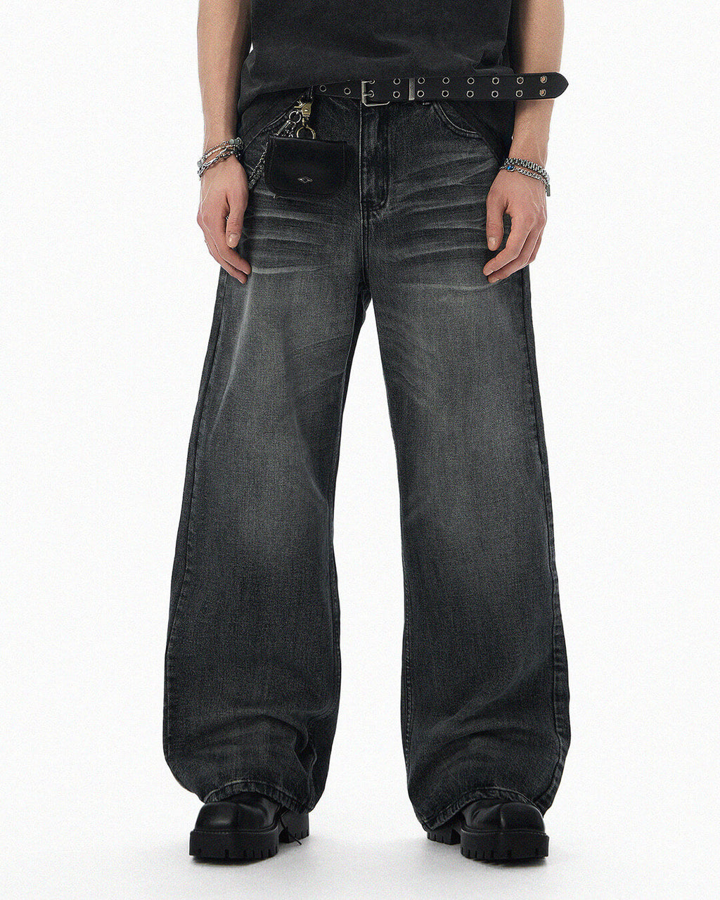 JHYQ Black Vintage Wash Wide Leg Jeans